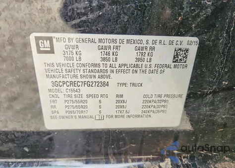 2015 Chevrolet Silverado C1500 Lt z USA, uszkodzony, nr VIN 3GCPCREC7FG272384